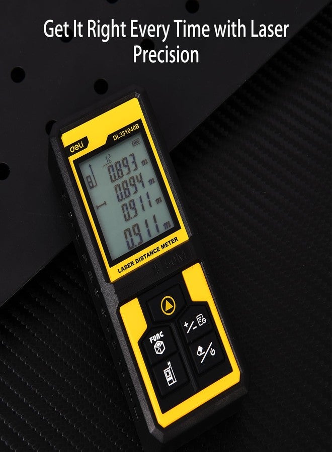 Deli DL331040B 3V Laser Range Finder Up to 50 Meters Continuous Distance Measurement Tool with 3mm Measuring Accuracy 30 Set Record & Red Light 630-670nm Type Class 2 Laser(Black & Yellow, Pack of 1) - Image 2
